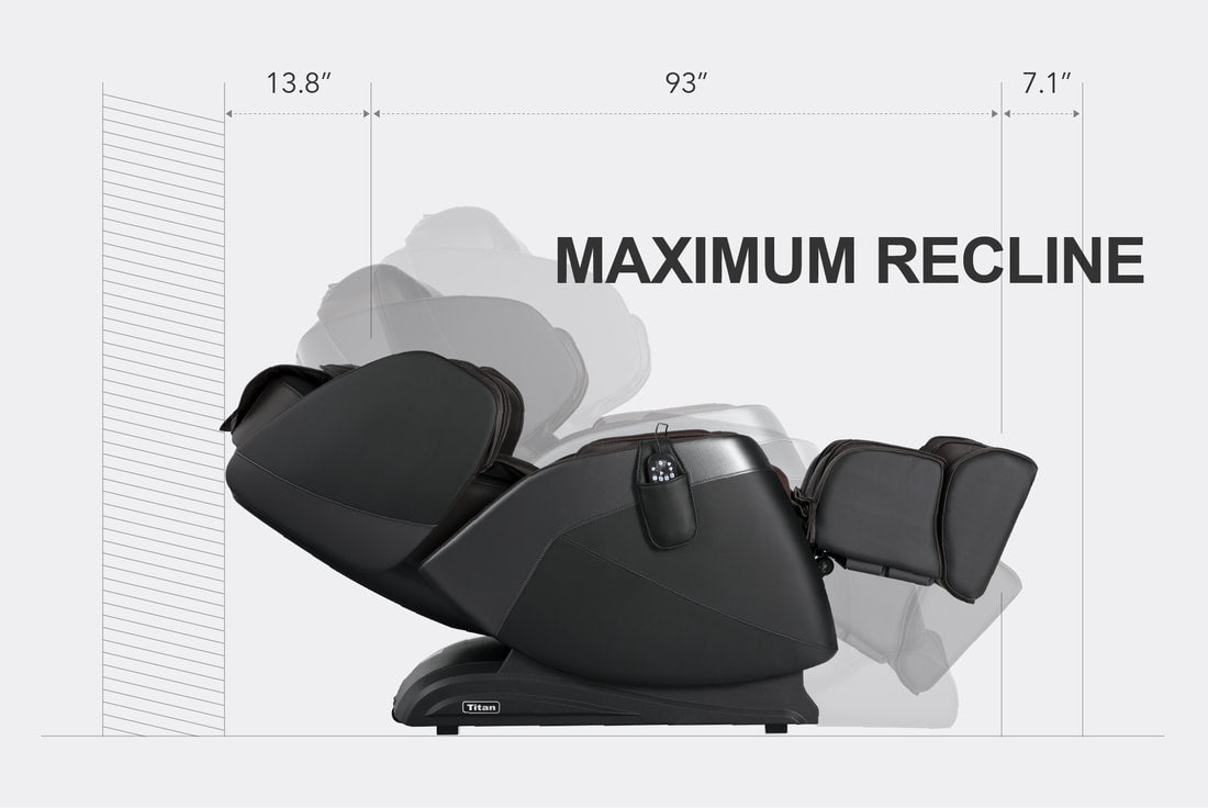 Titan OPTIMUS 3D Electric Massage Chair by Titan, fully reclined, with dimensions in background.