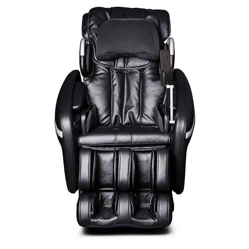 Front view of Osaki OS-7200H Massage Chair in black leather with padded arms and footrest.