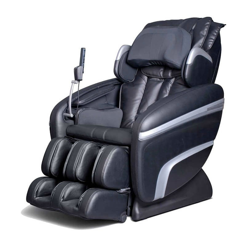 Osaki OS-7200H black massage chair with armrests, footrests, and handheld control panel.