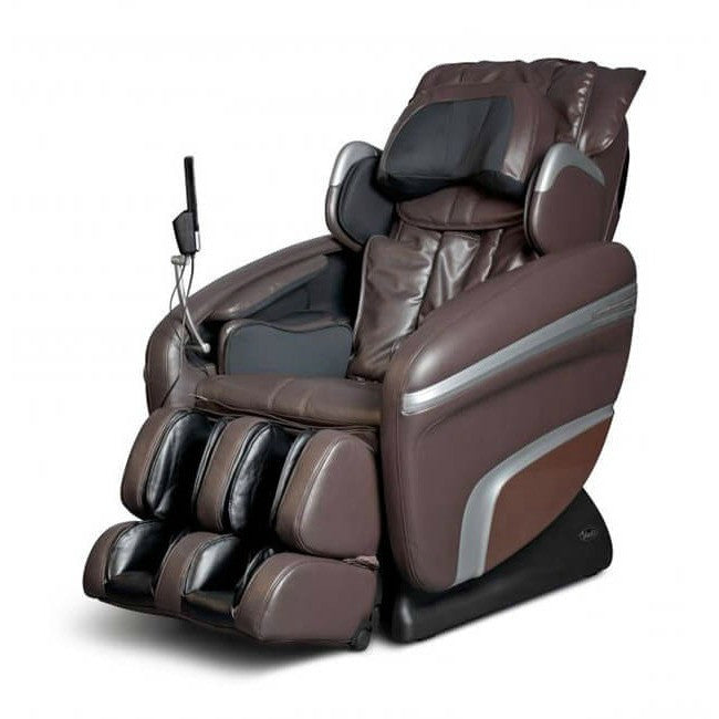 Osaki OS-7200H brown and black massage chair with heat, cushions, and built-in remote.