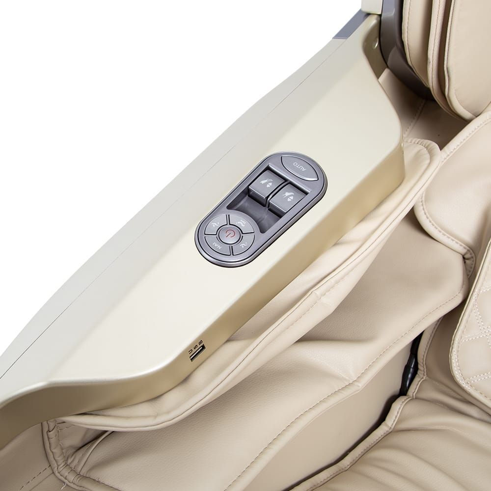 Close-up of Osaki OS-PRO FIRST CLASS Massage Chair control panel on beige armrest.