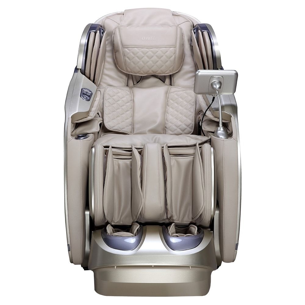 Osaki OS-PRO FIRST CLASS beige massage chair with armrests and touchscreen control panel.