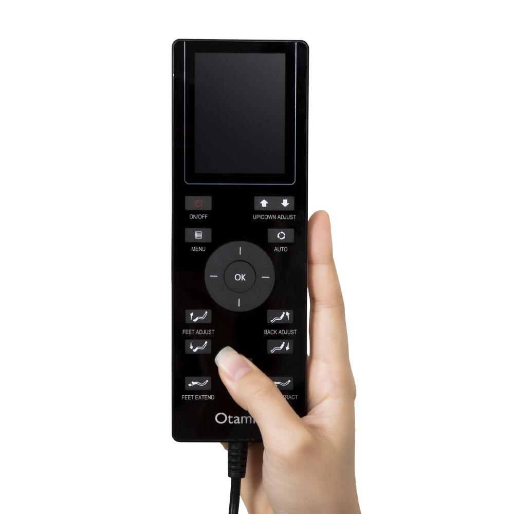 A hand holding a black remote adjusts Osaki Otamic 4D Sedona LT Electric Massage Chair.