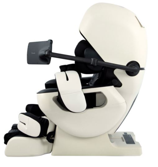 Osaki INADA AI ROBO white massage chair with armrests, footrests, and a screen on an arm.
