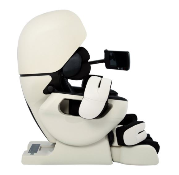 Osaki INADA AI ROBO Massage Chair: Futuristic Japanese design with full support and mounted screen.