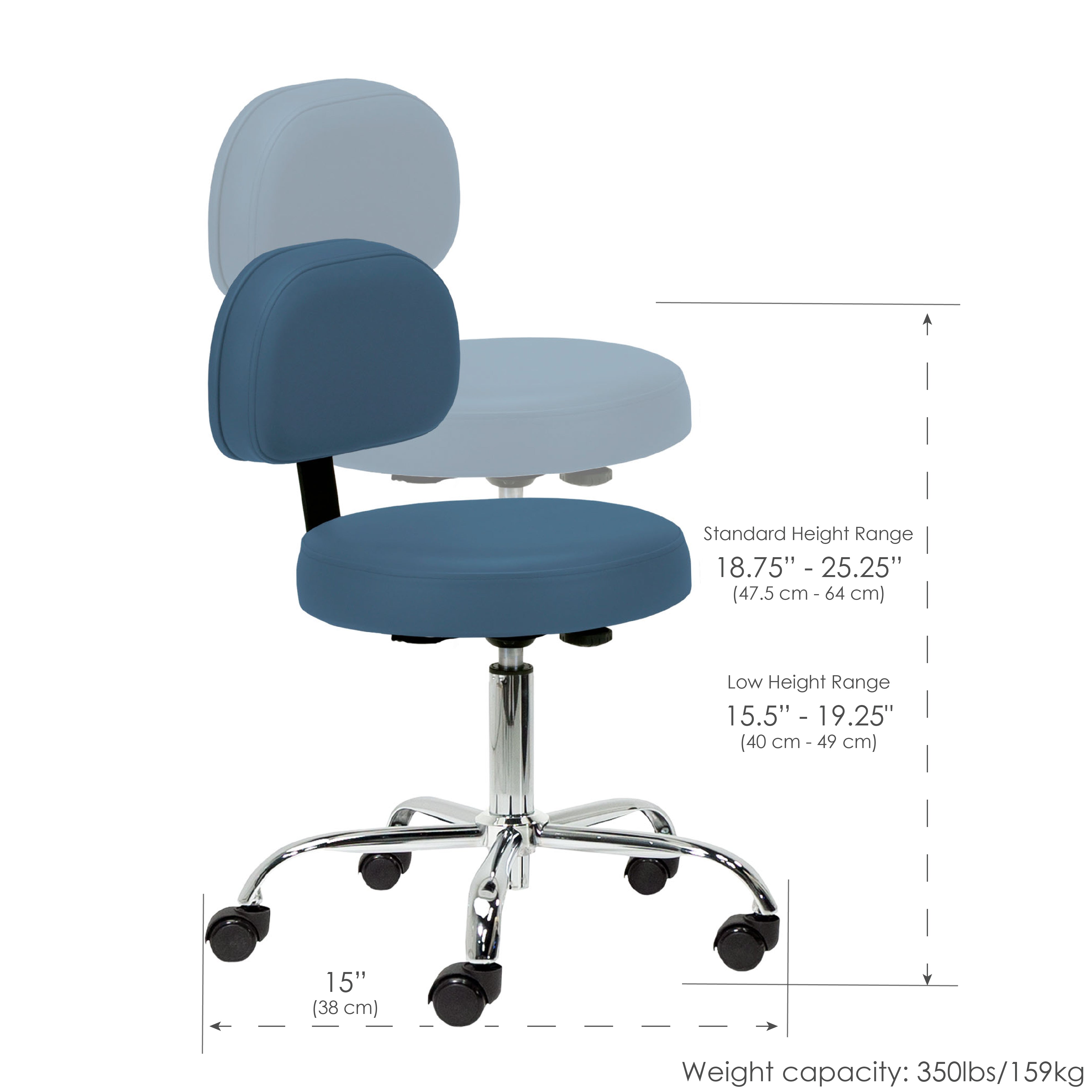 EarthLite Pneumatic Rolling Stool with Back Support, blue upholstery, shown with measurements.