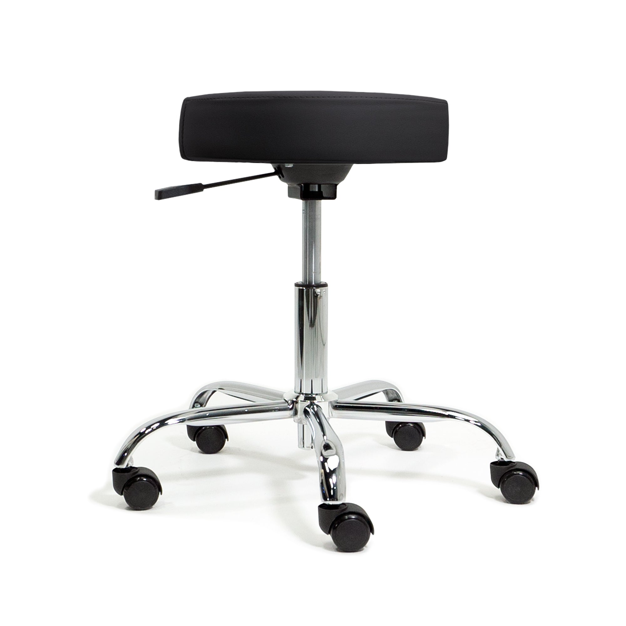 Earthlite PNEUMATIC Rolling Stool by EarthLite with chrome base and five wheels.