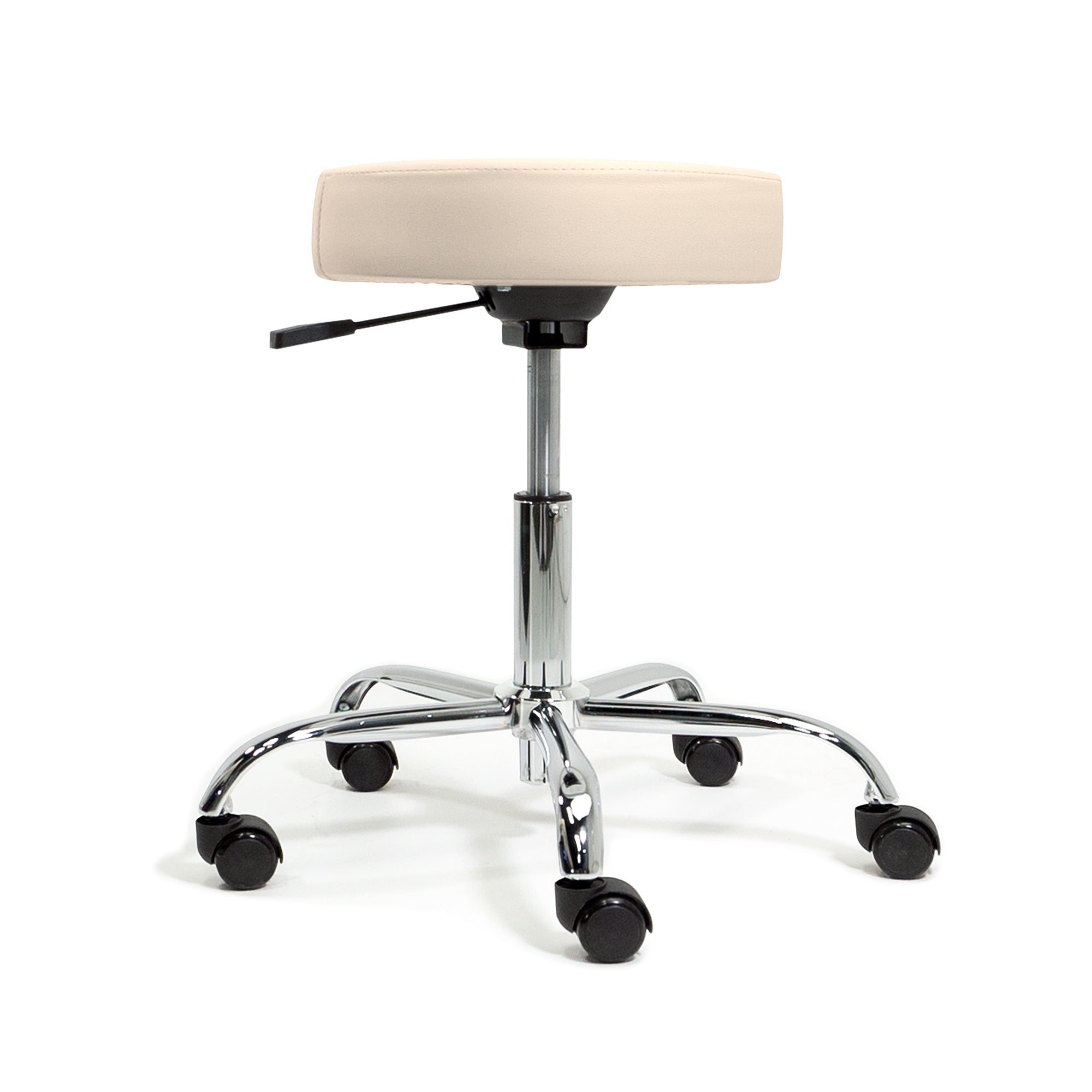 EarthLite PNEUMATIC Rolling Stool: beige upholstery, chrome base, five black casters.