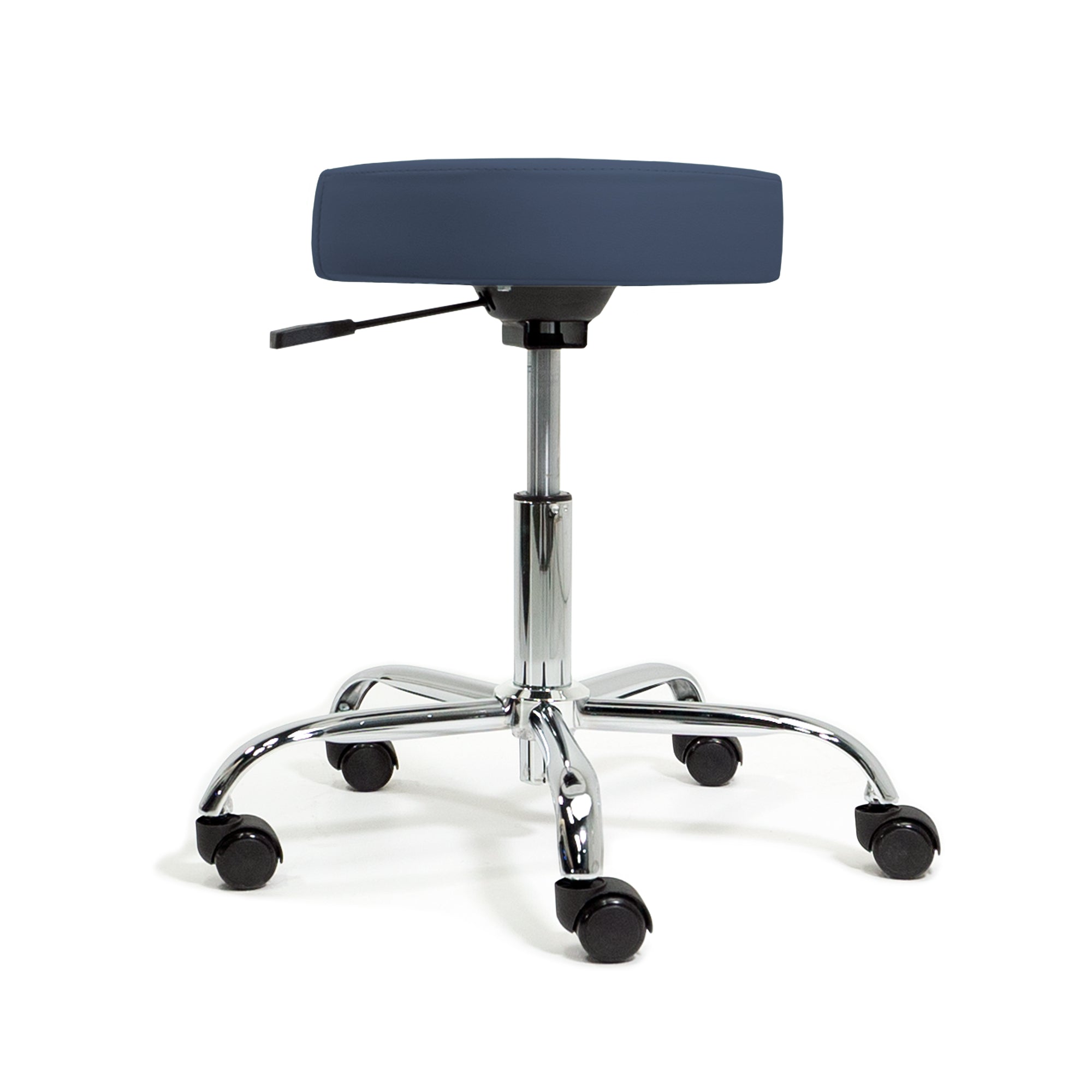 Earthlite PNEUMATIC Rolling Stool by EarthLite with chrome base and five wheels, blue upholstery.