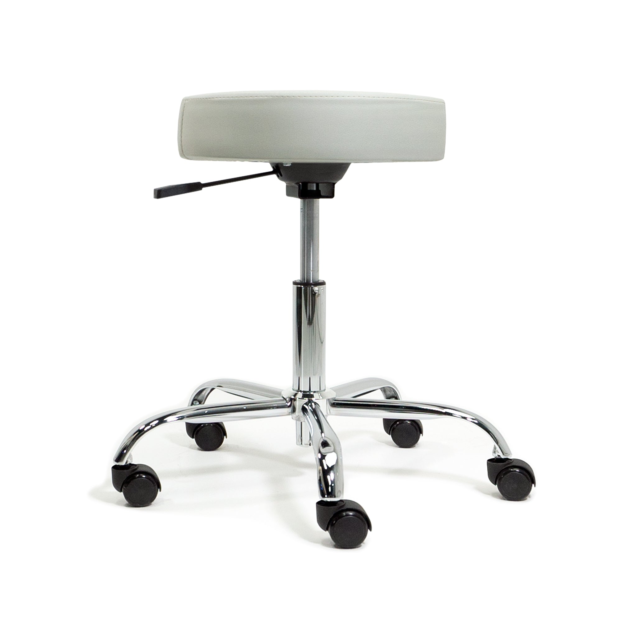 EarthLite PNEUMATIC Rolling Stool, gray upholstery, chrome base, five caster wheels.