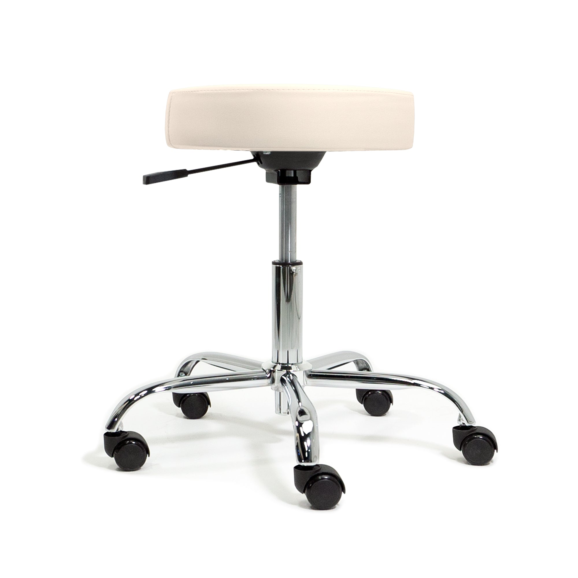 EarthLite PNEUMATIC Rolling Stool, beige upholstery, chrome base, five casters.