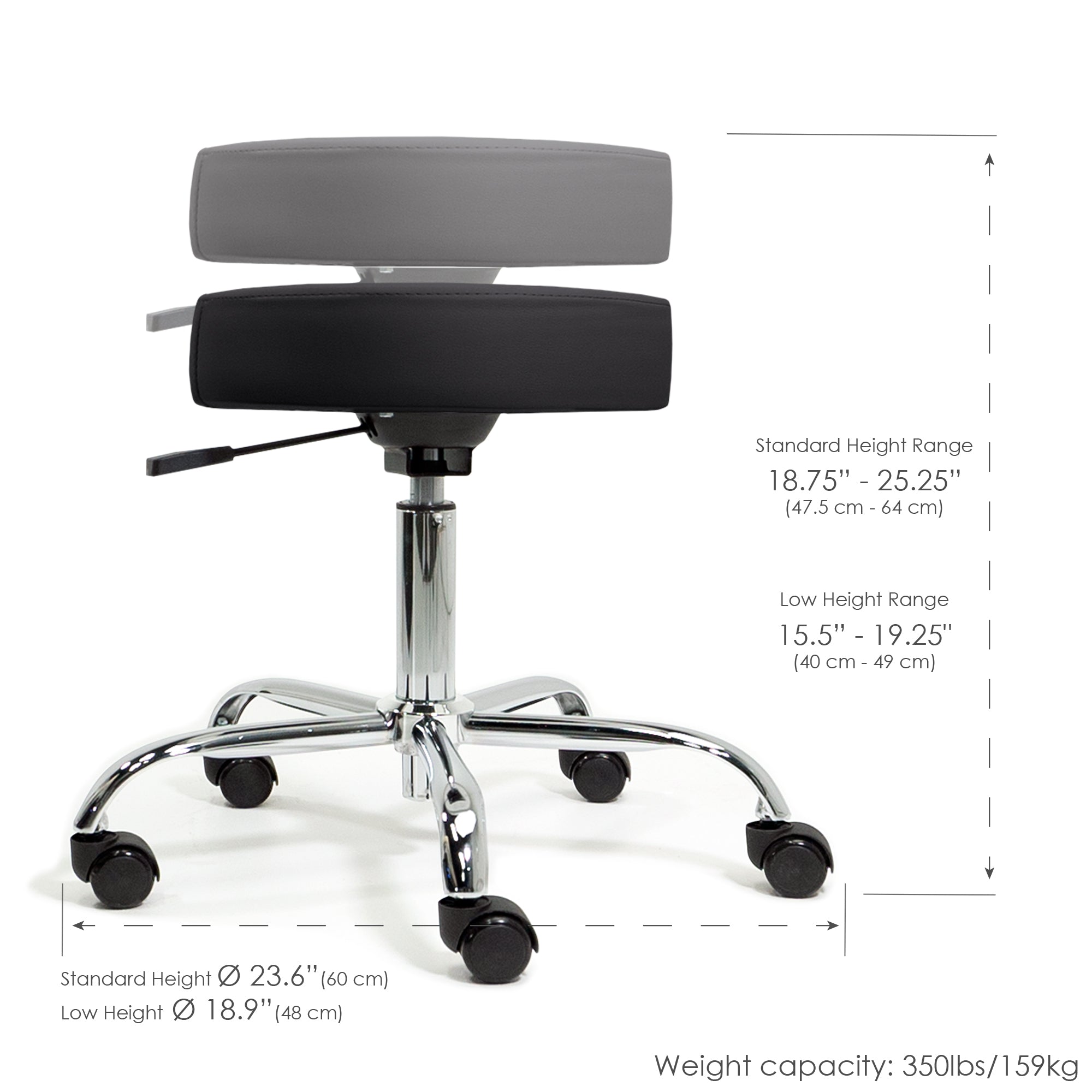Earthlite PNEUMATIC Rolling Stool by EarthLite with chrome base, casters, and height range shown.