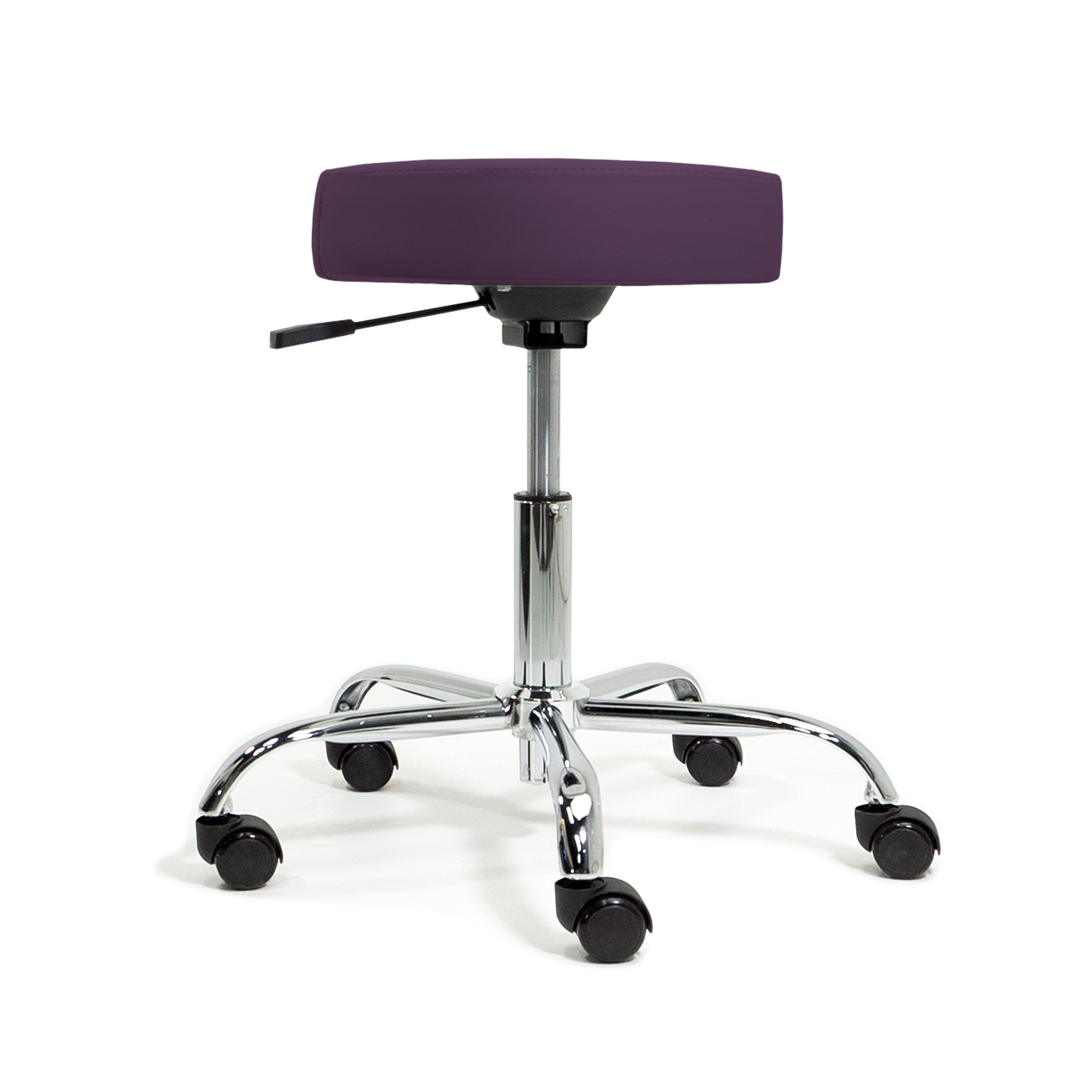 Earthlite PNEUMATIC Rolling Stool, purple upholstery, chrome legs, five black casters.