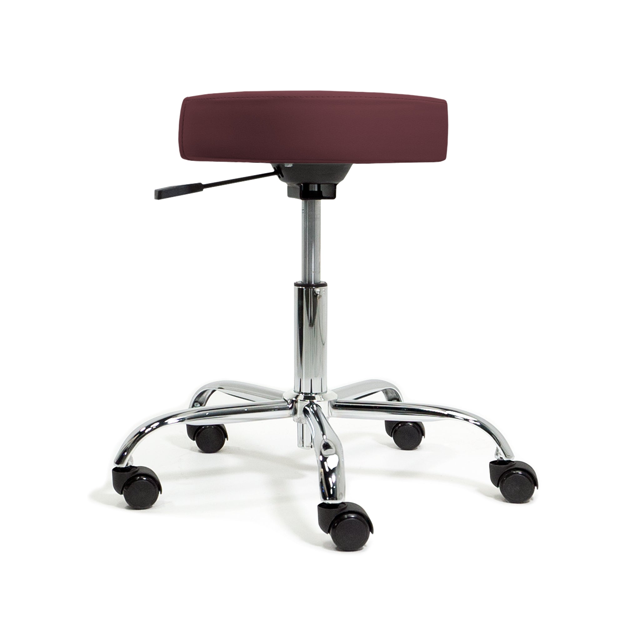 Earthlite PNEUMATIC Rolling Stool: maroon, adjustable, chrome base, 5 casters, upholstered seat.