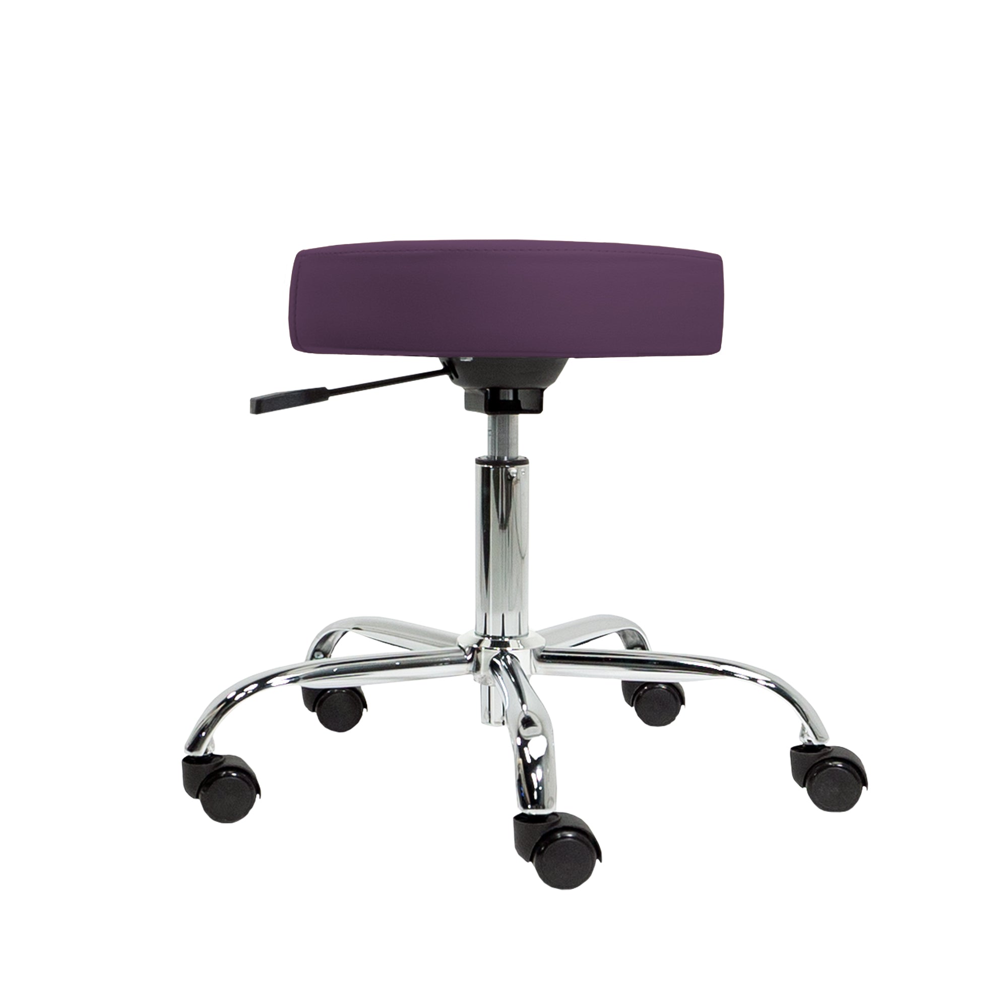EarthLite PNEUMATIC Rolling Stool, purple, round seat, chrome legs, five wheels.
