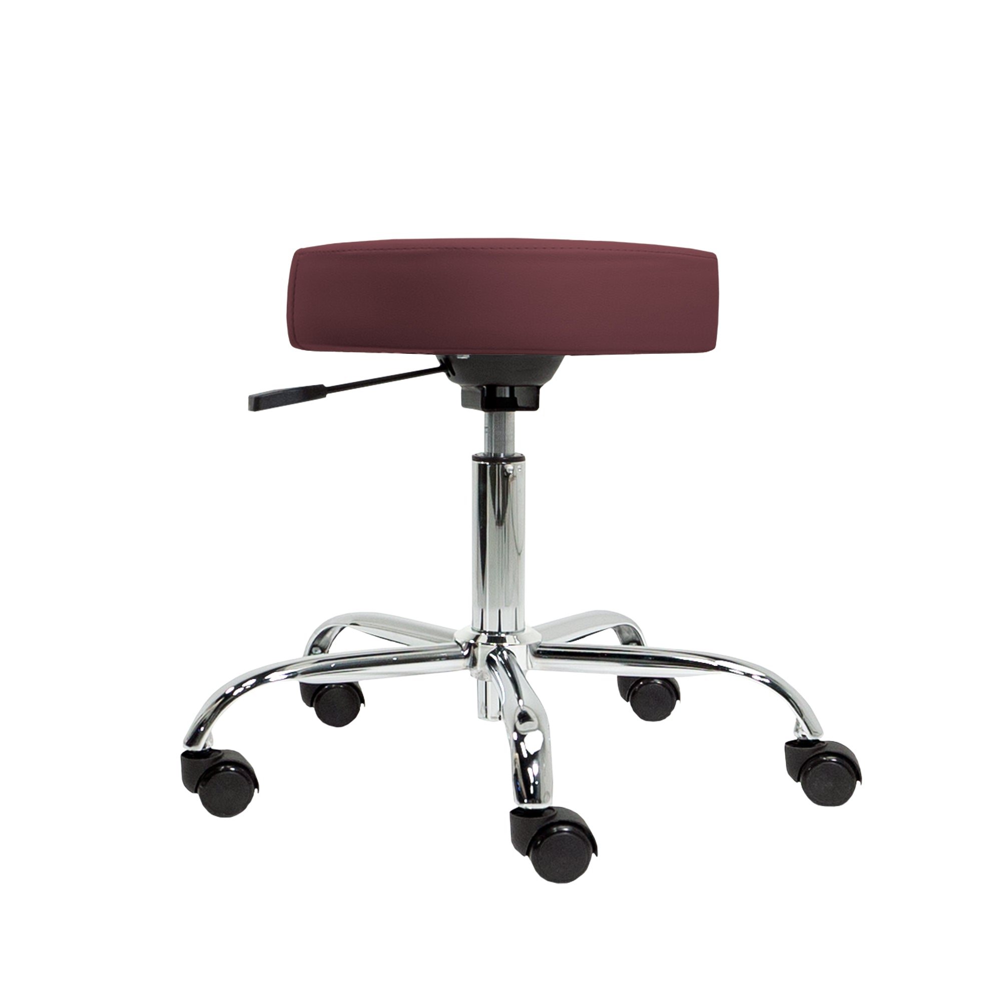 Earthlite PNEUMATIC maroon round rolling stool with chrome legs and 5 black caster wheels.