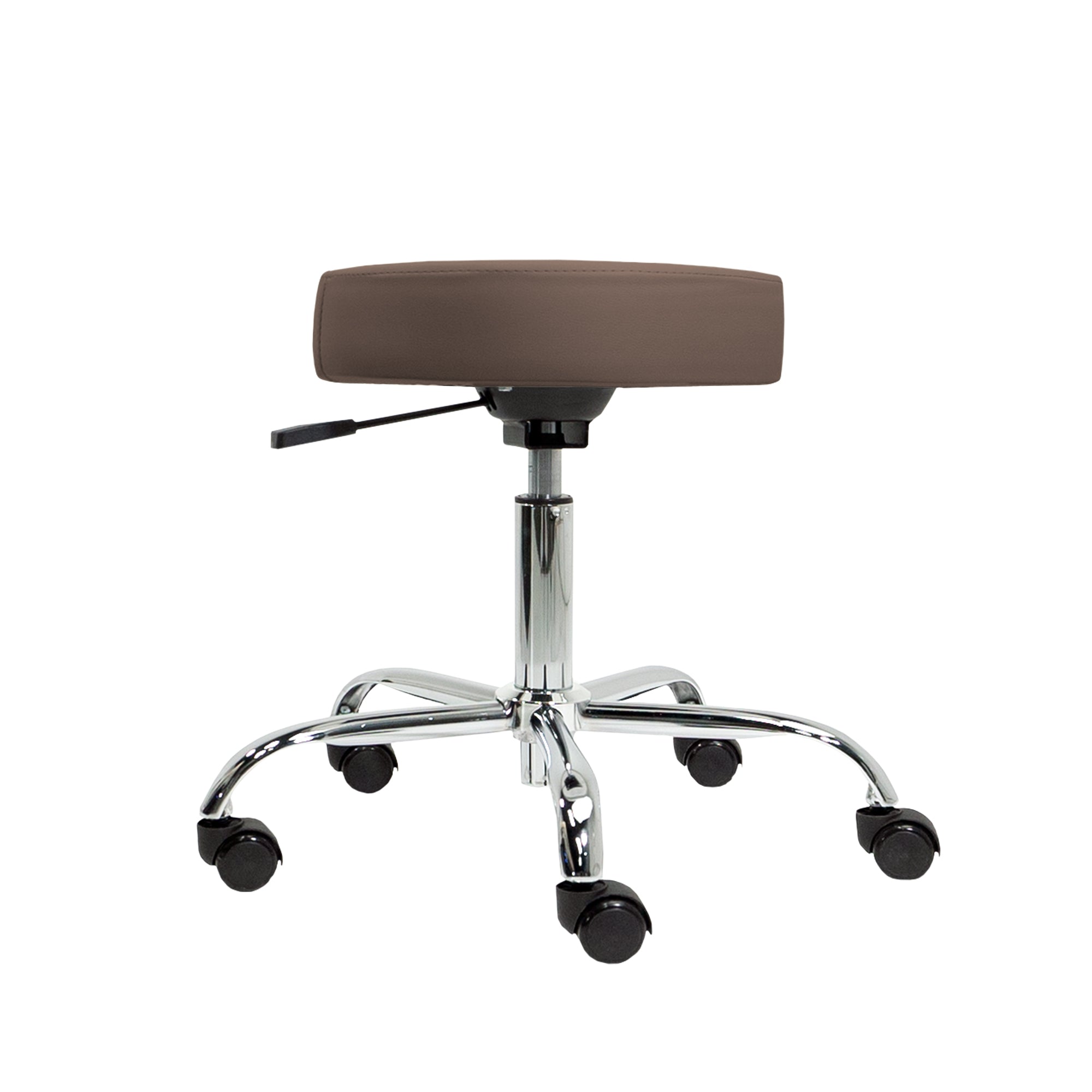 Earthlite PNEUMATIC Rolling Stool by EarthLite with chrome base and five wheels, shown on white.