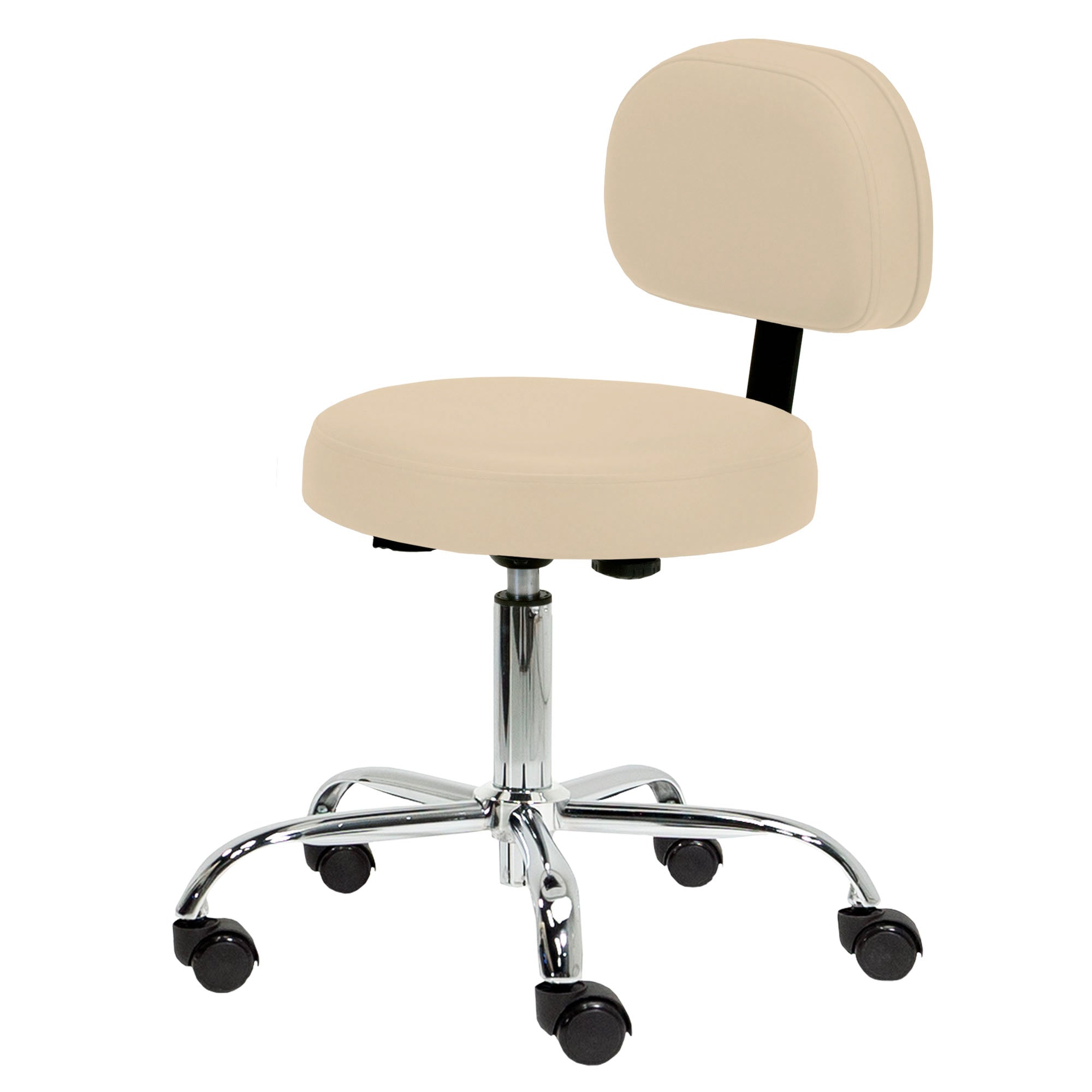 EarthLite Pneumatic Rolling Stool, beige, ergonomic, no armrests, wheels, chrome base.