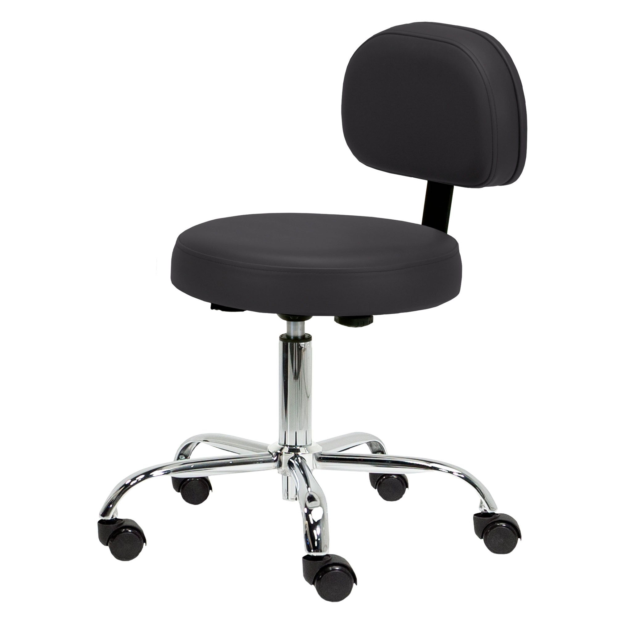 EarthLite Pneumatic Rolling Stool with back support and height adjustable chrome base.