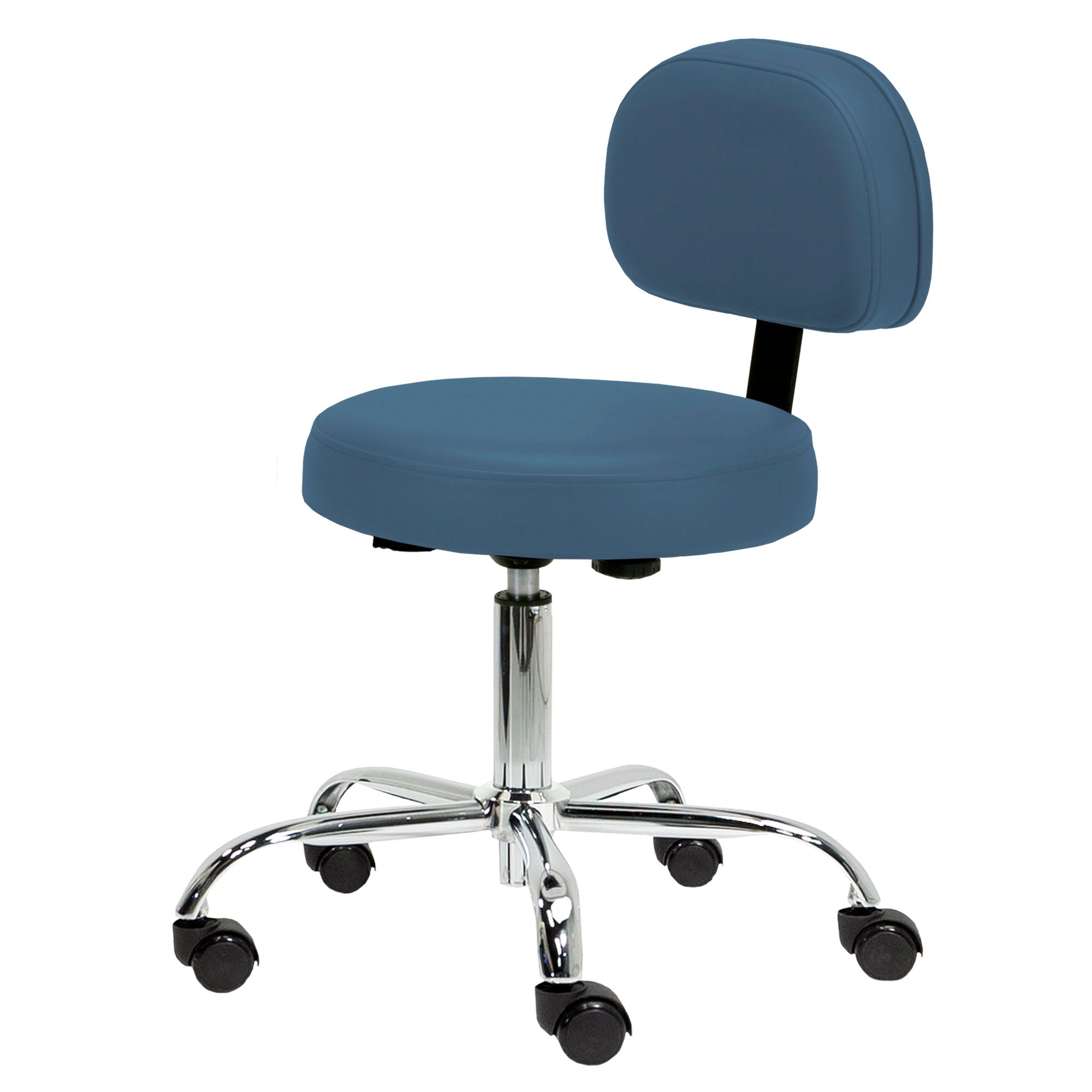 EarthLite Pneumatic Rolling Stool with Back Support, ergonomic and height adjustable.