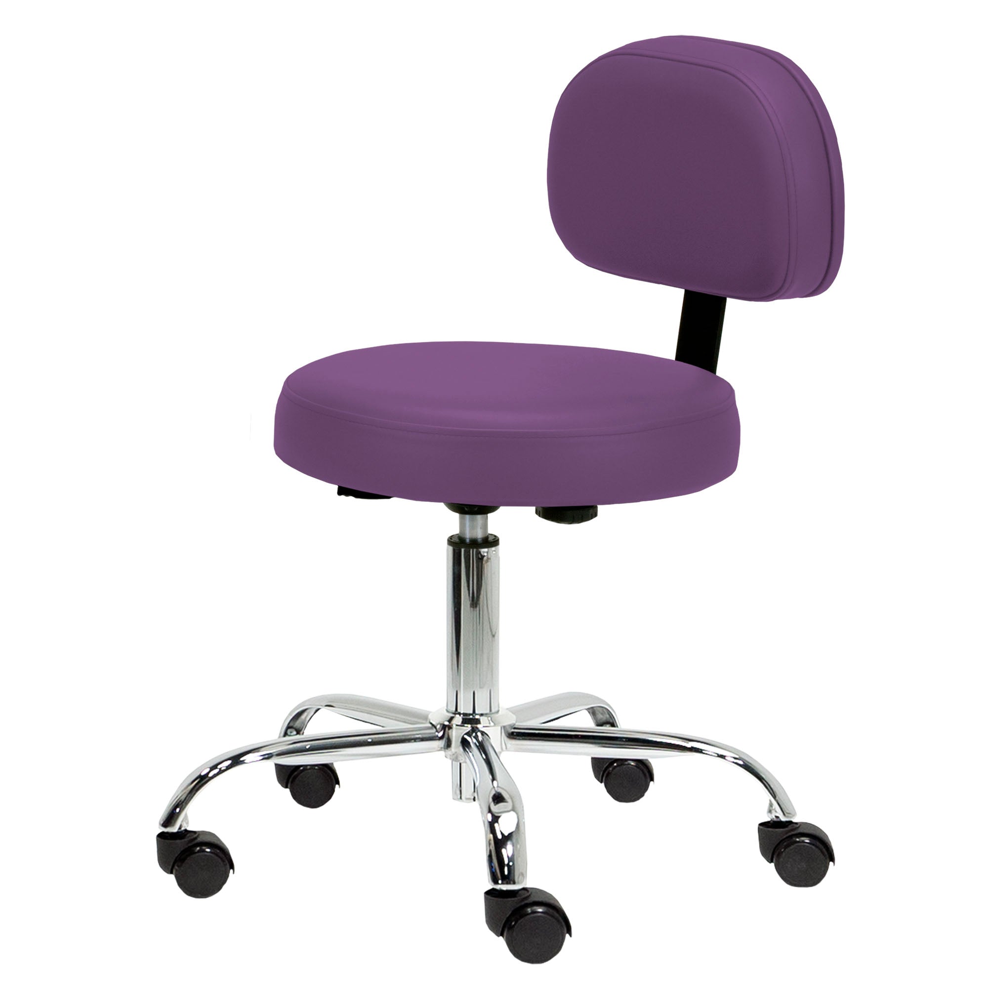 EarthLite Pneumatic Rolling Stool with Back Support, durable upholstery, padded seat, chrome base.