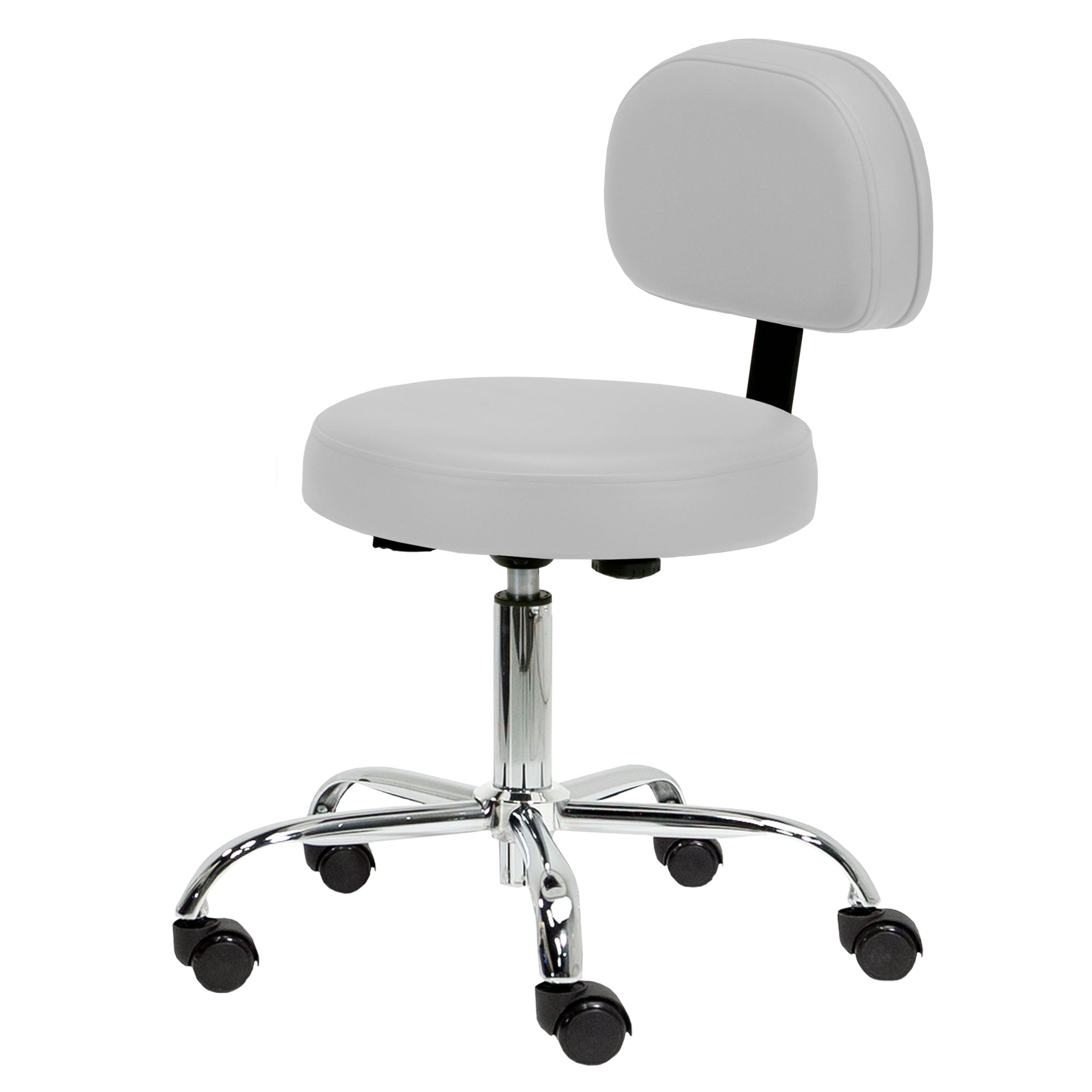 EarthLite Pneumatic Rolling Stool with backrest, white upholstery, and 5-wheel chrome base.