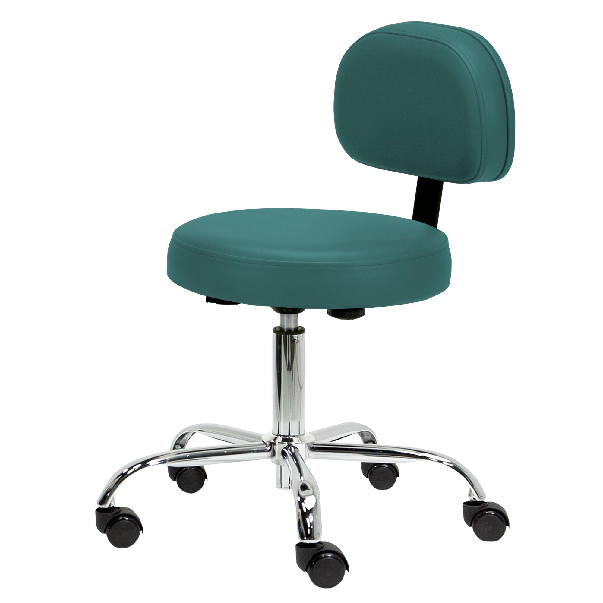 EarthLite Pneumatic Rolling Stool with Back Support, chrome base, five casters, teal upholstery.