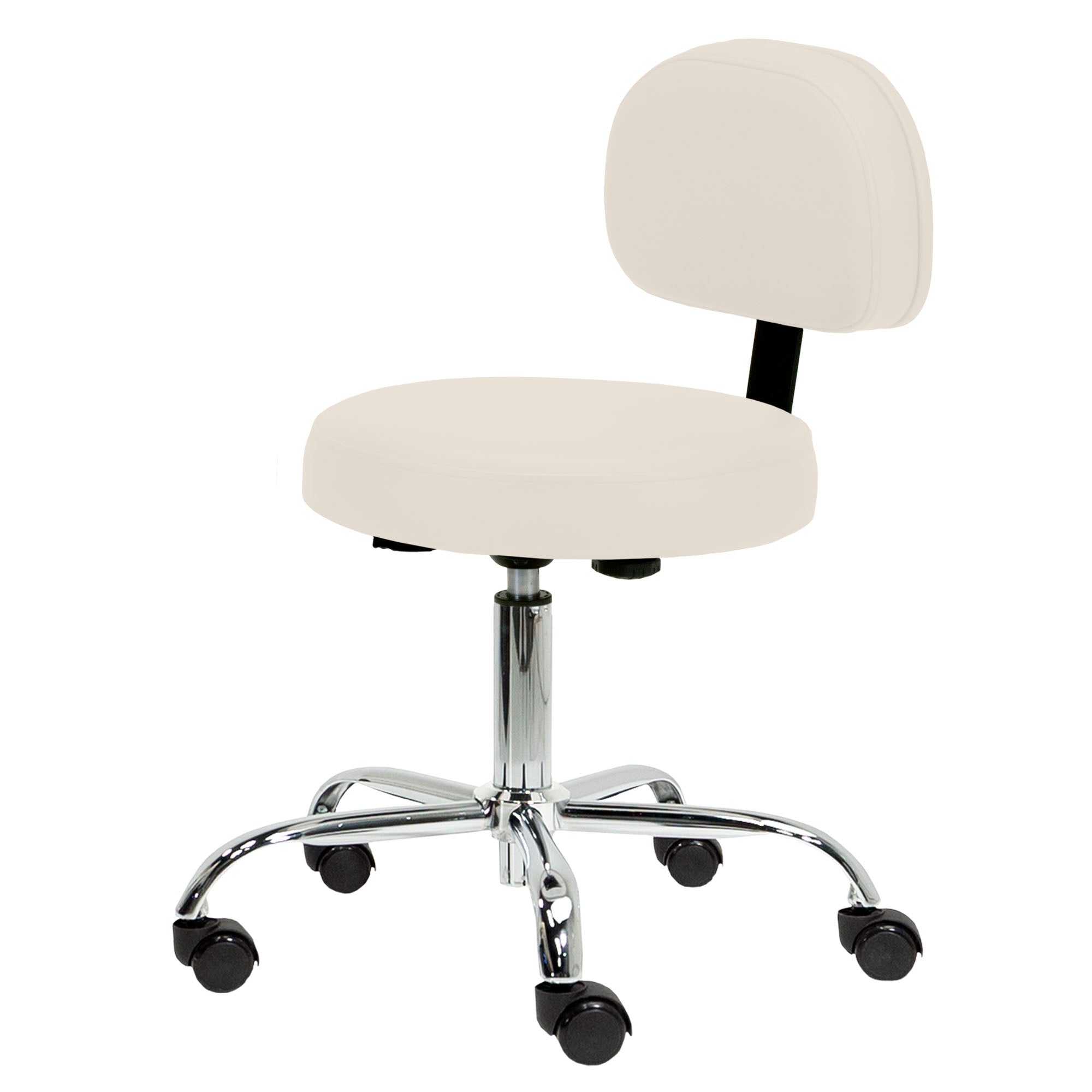 EarthLite Pneumatic Rolling Stool with Back, white, cushioned seat, five wheels, chrome base.
