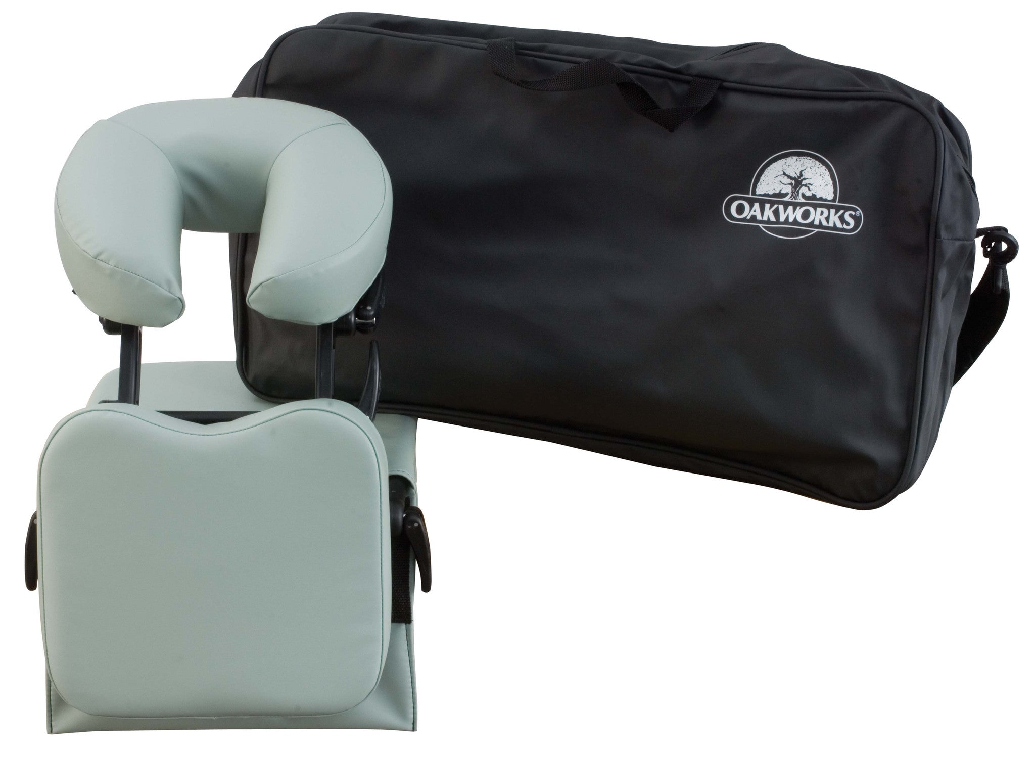 Oakworks DESKTOP Portal Package with foldable headrest and black carrying case.