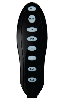 Black remote for Apex V1 Vending Massage Chair with 8 light blue buttons, incl. SET & MODE.