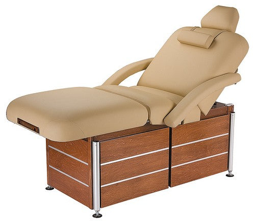Adjustable beige Living Earth Crafts PRO SALON electric lift table with padded headrest.