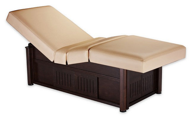 Living Earth Crafts PRO SALON CRAFTSMAN Electric Lift Table with beige upholstery.