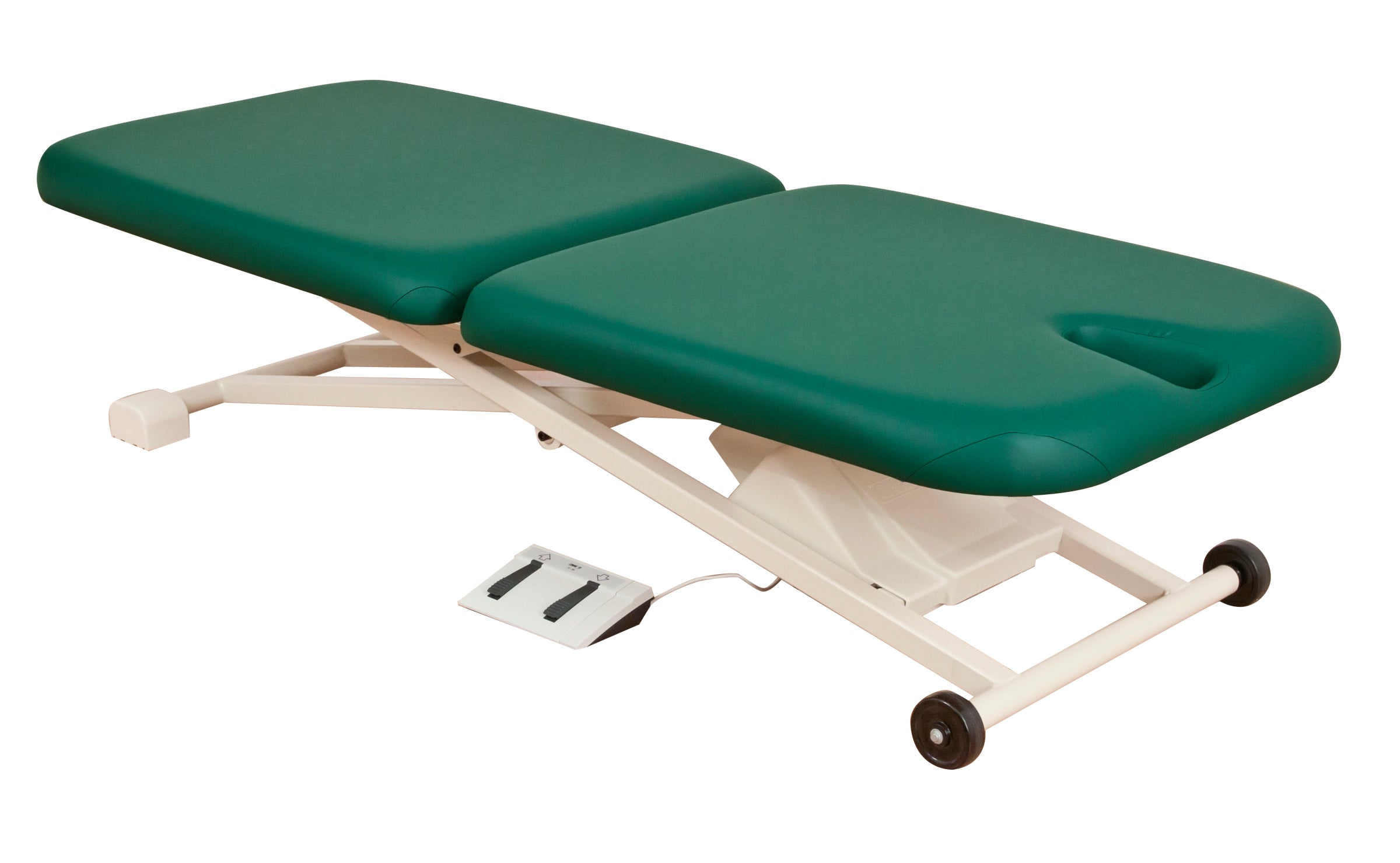 Oakworks PT150 Hi Lo Medical Table with adjustable height and foot pedal, green padding.