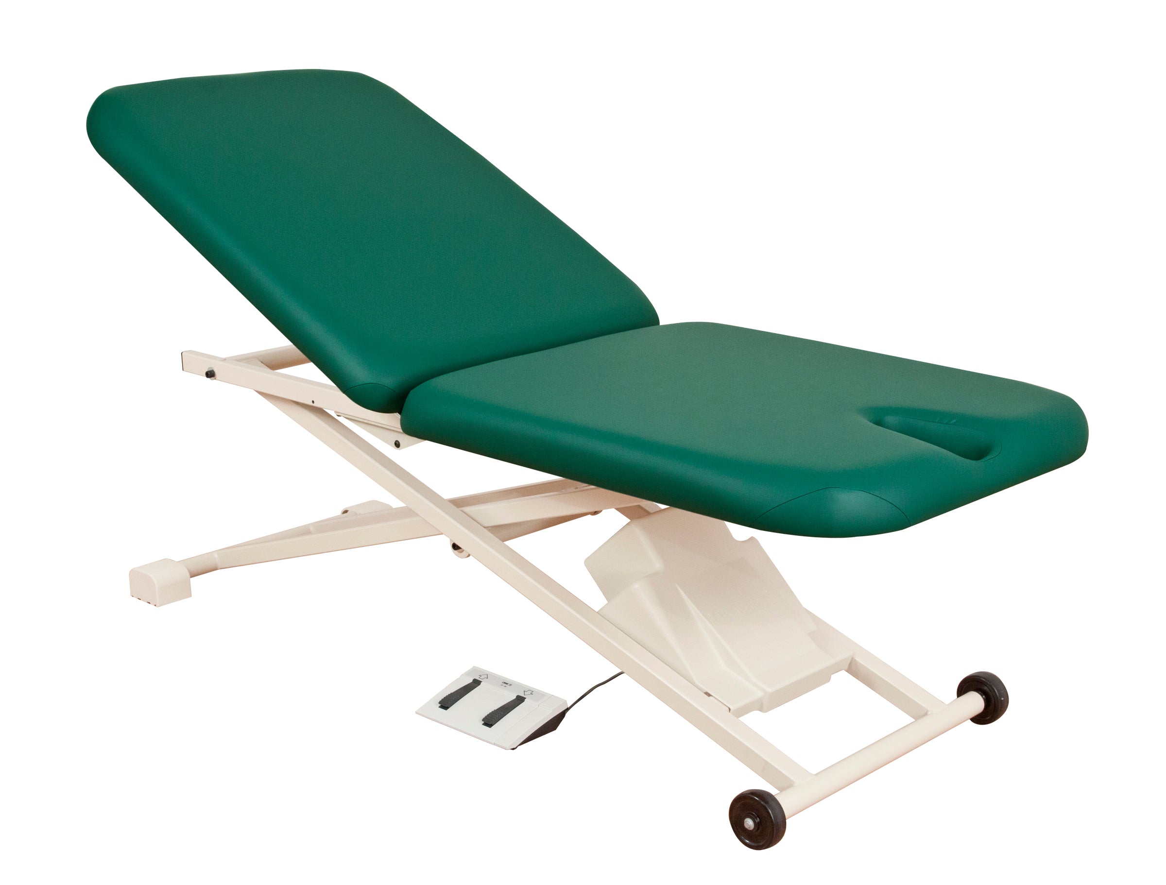 Oakworks PT150 Hi Lo green therapy table with headrest cutout, twin beam, and foot pedal.