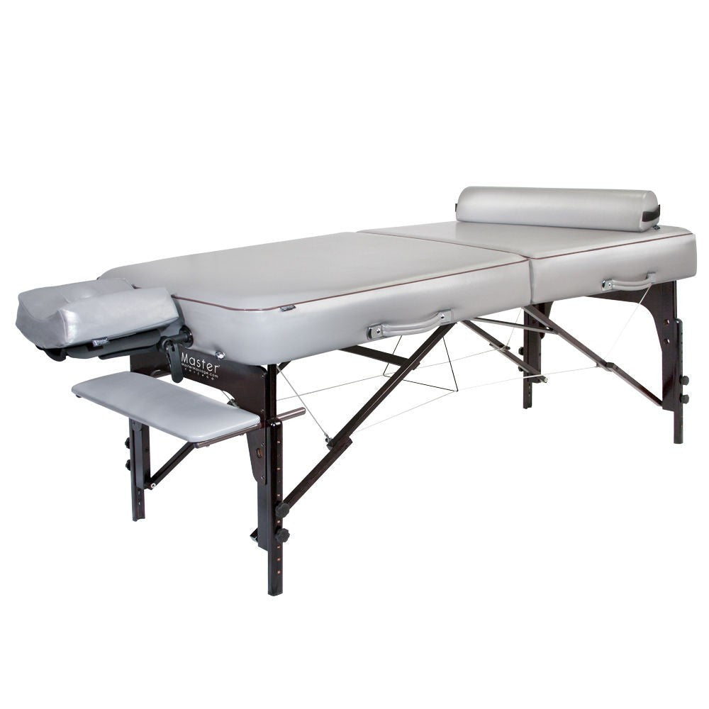 Master Massage MONTOUR Massage Table with memory foam, headrest & arm shelf in white.