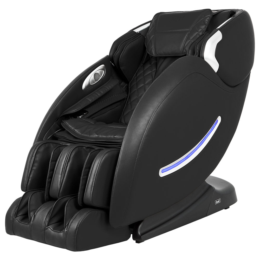 Osaki OS-4000XT black leather massage chair with footrest and blue LED accent light.