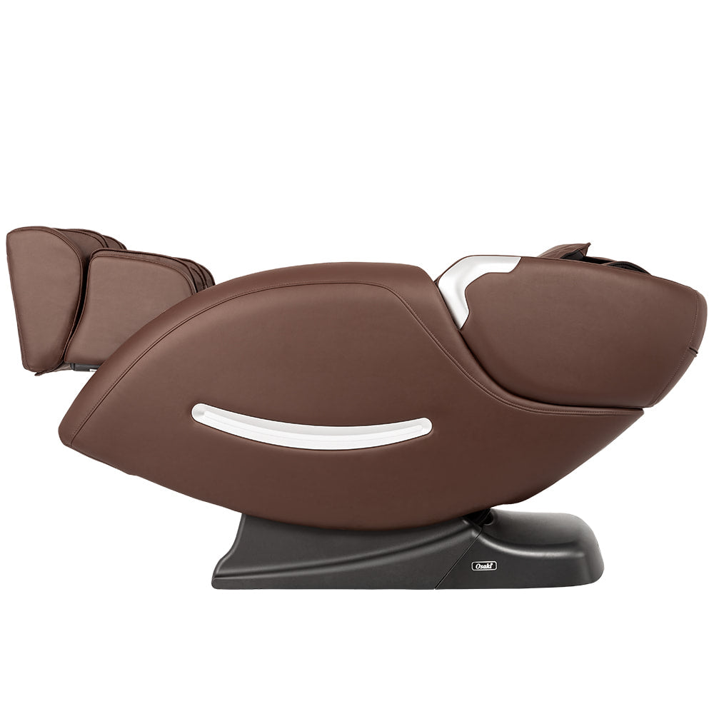 Osaki OS-4000XT electric massage chair, brown, reclined with L-Track, on white background.