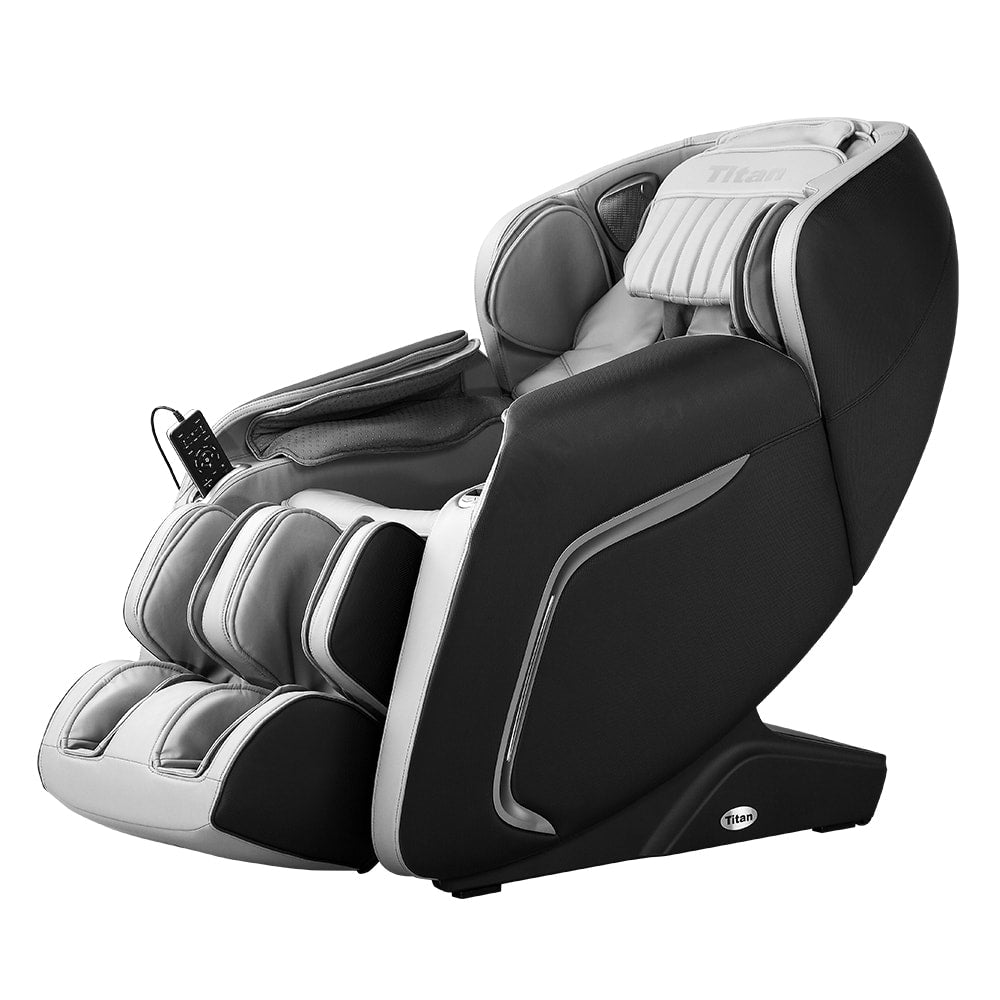 Titan TP-Cosmo Electric Massage Chair by Titan in black and gray, side view with remote.