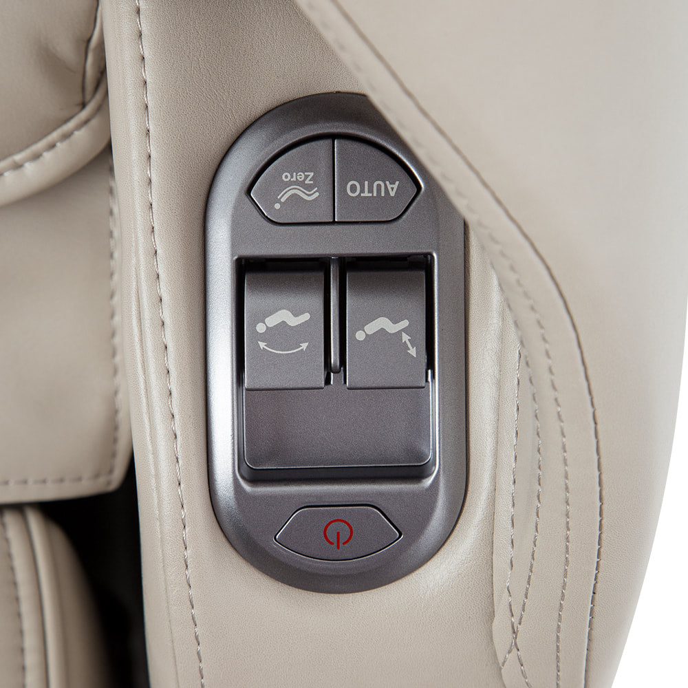 Close-up of Titan TP-Cosmo seat panel with buttons for reclining and 2D massage functions.