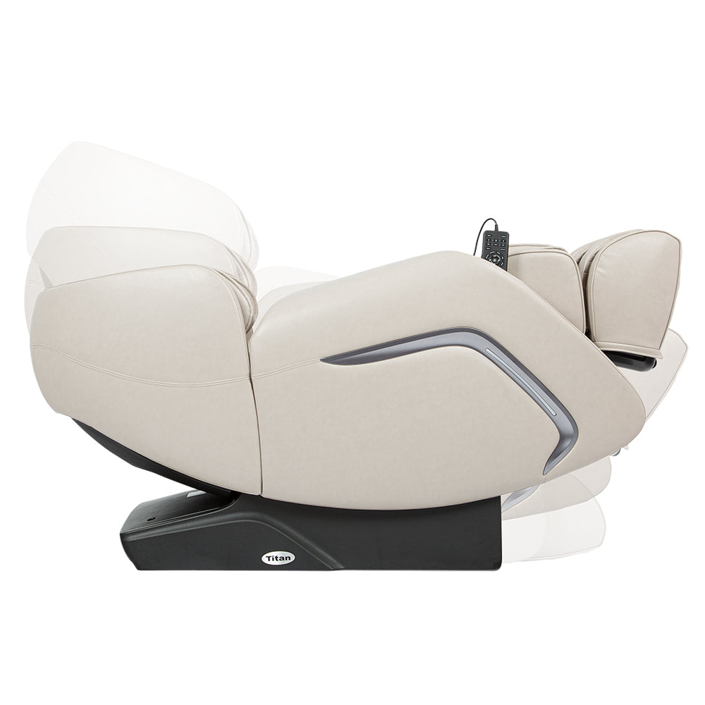 Titan TP-Cosmo electric massage chair by Titan in beige, shown with remote in SL-track positions.