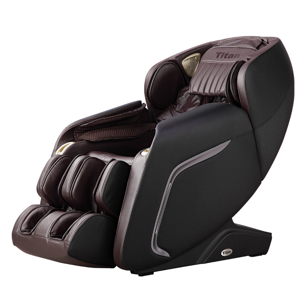 The Titan TP-Cosmo is a black/brown 2D massage chair with SL-track and padded leg/arm supports.