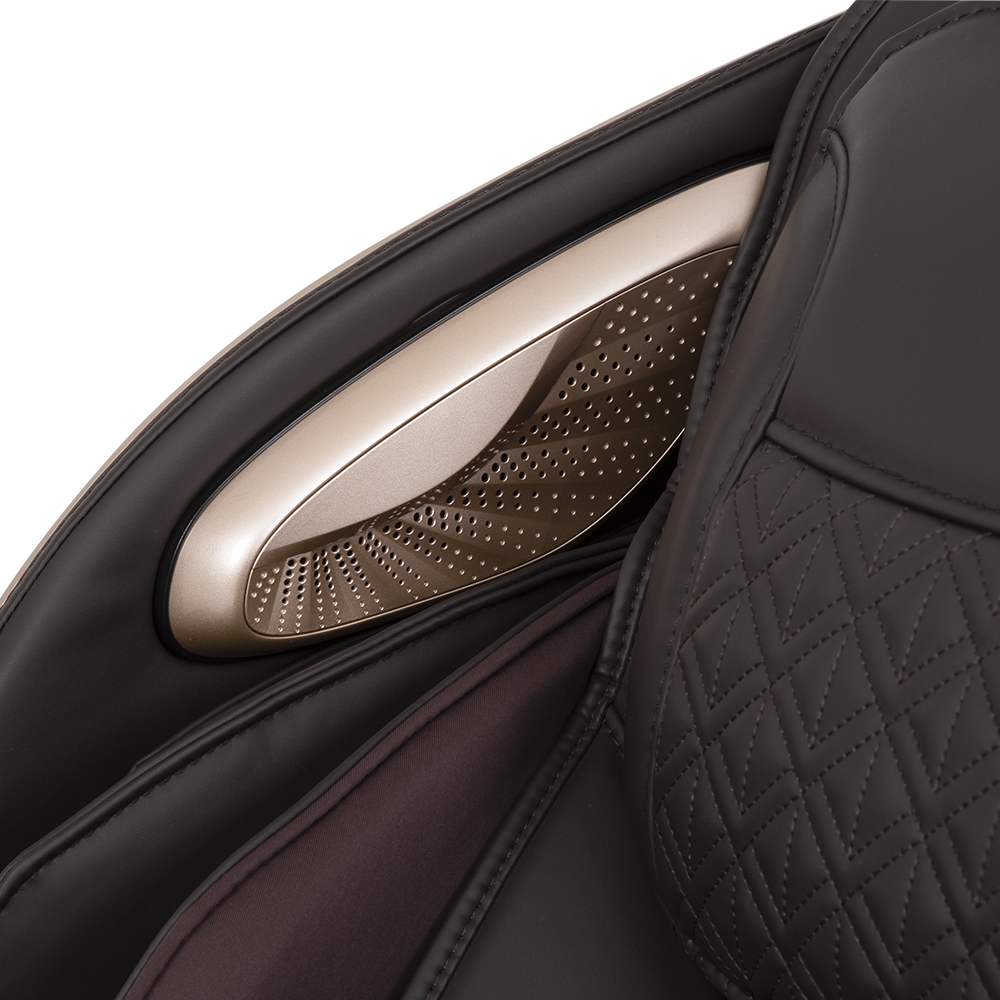 Close-up of the Osaki Pro 3D SIGMA Massage Chair with quilted brown upholstery and speaker detail.