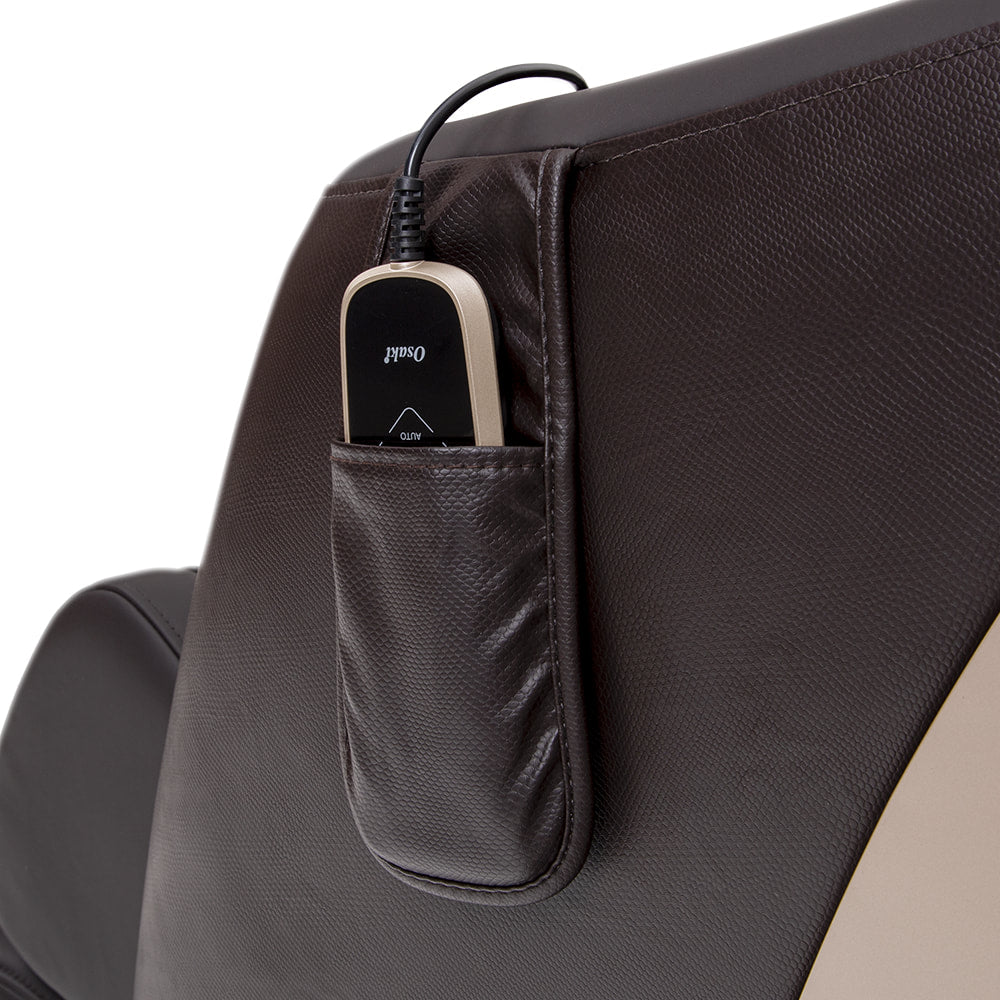 The Osaki Pro 3D SIGMA Massage Chair features a remote control in a leather side pocket.