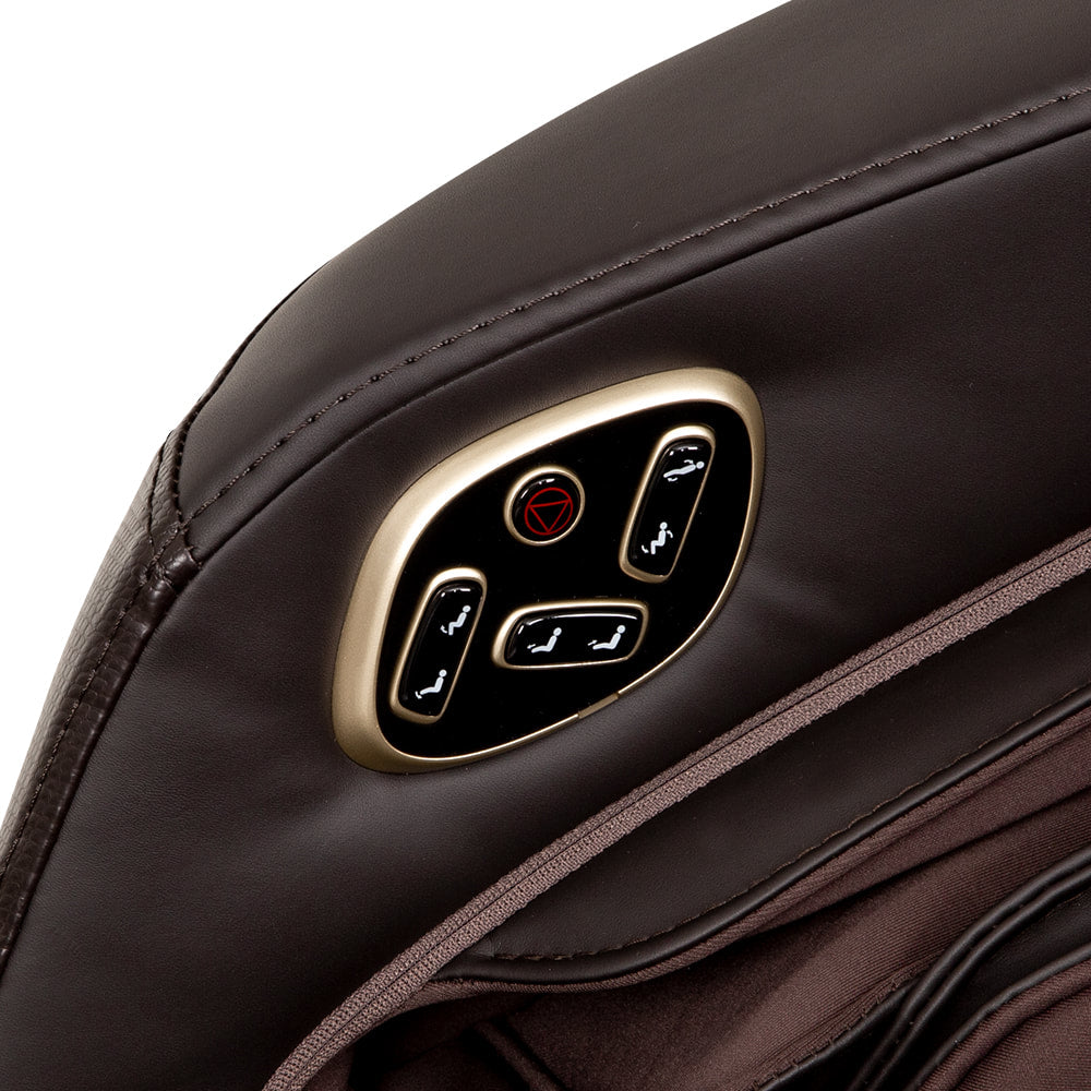 Close-up of Osaki Pro 3D SIGMA Massage Chair's brown leather armrest with control buttons.
