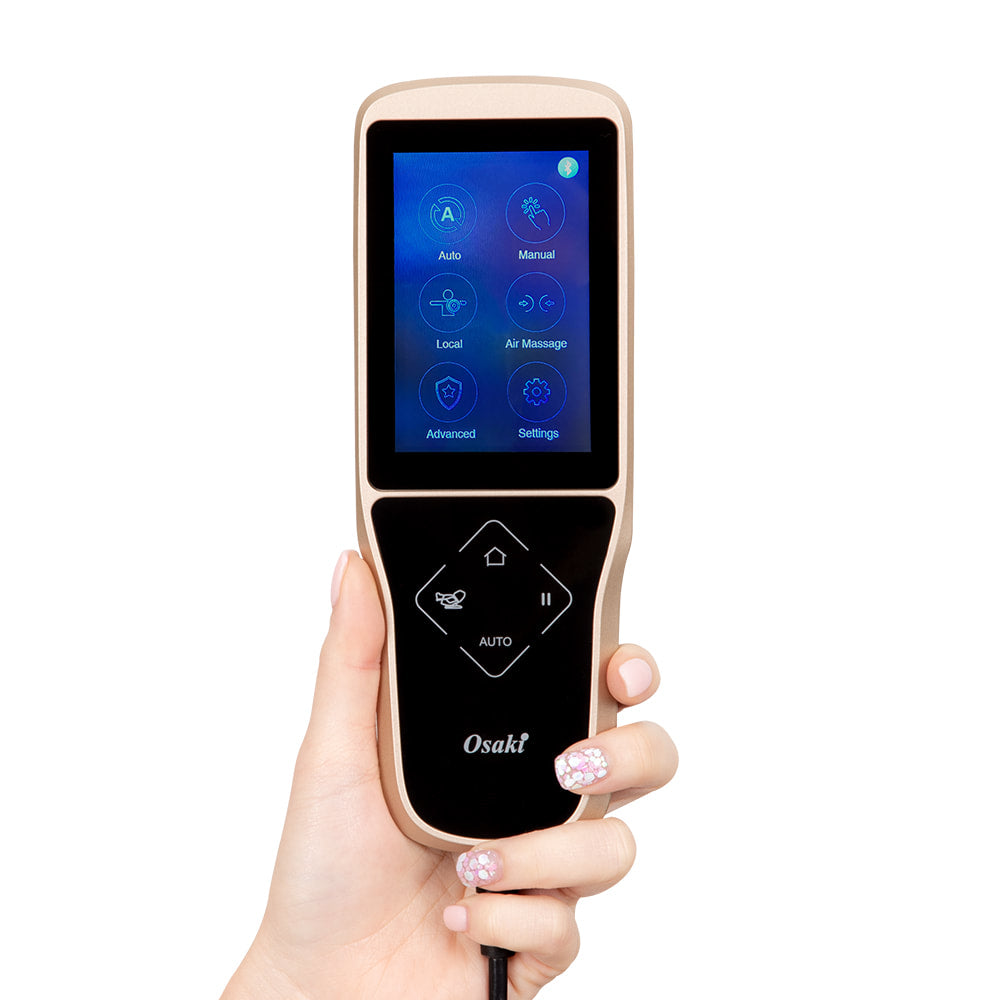 Hand holding remote for Osaki Pro 3D SIGMA zero gravity massage chair by Osaki.