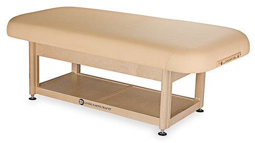 Living Earth Crafts SERENITY beige spa table with hydraulic lift, wood legs, and storage shelf.