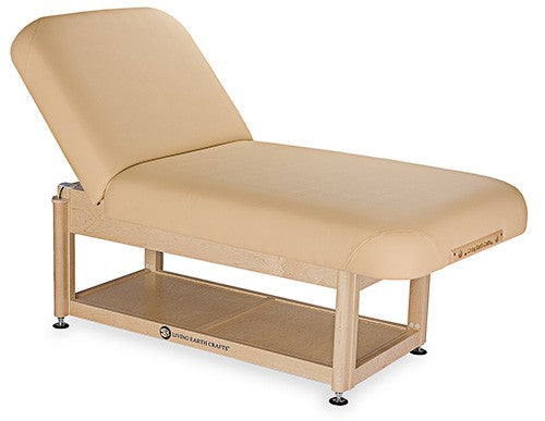 Living Earth Crafts SERENITY spa table with shelf, wooden base, and PowerAssist hydraulic lift.