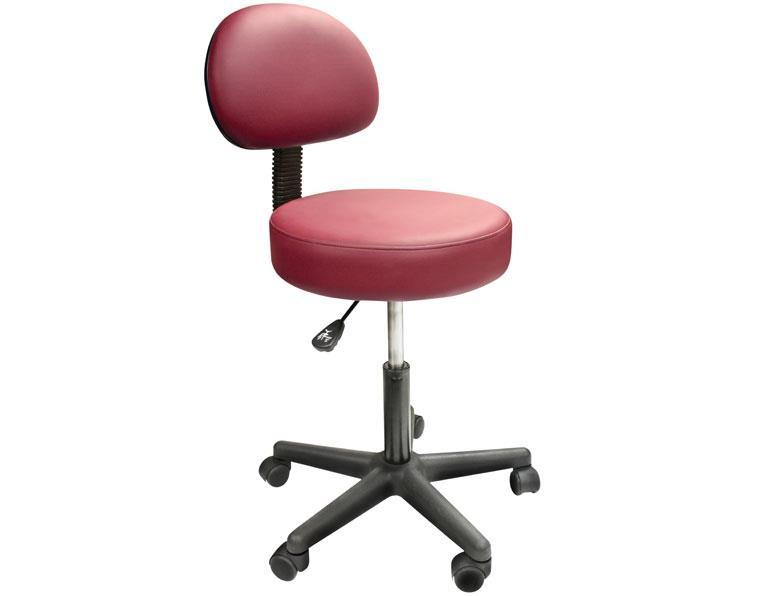Custom Craftworks Solutions maroon rolling stool with backrest, adjustable seat, and casters.
