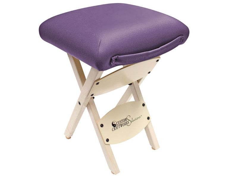 Custom Craftworks Solutions Wooden Folding Stool with foam padded seat and carrying handle.
