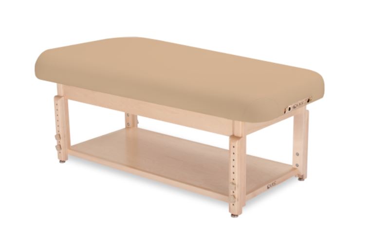 Living Earth Crafts SONOMA flat top spa table with shelf base, beige, wooden frame.
